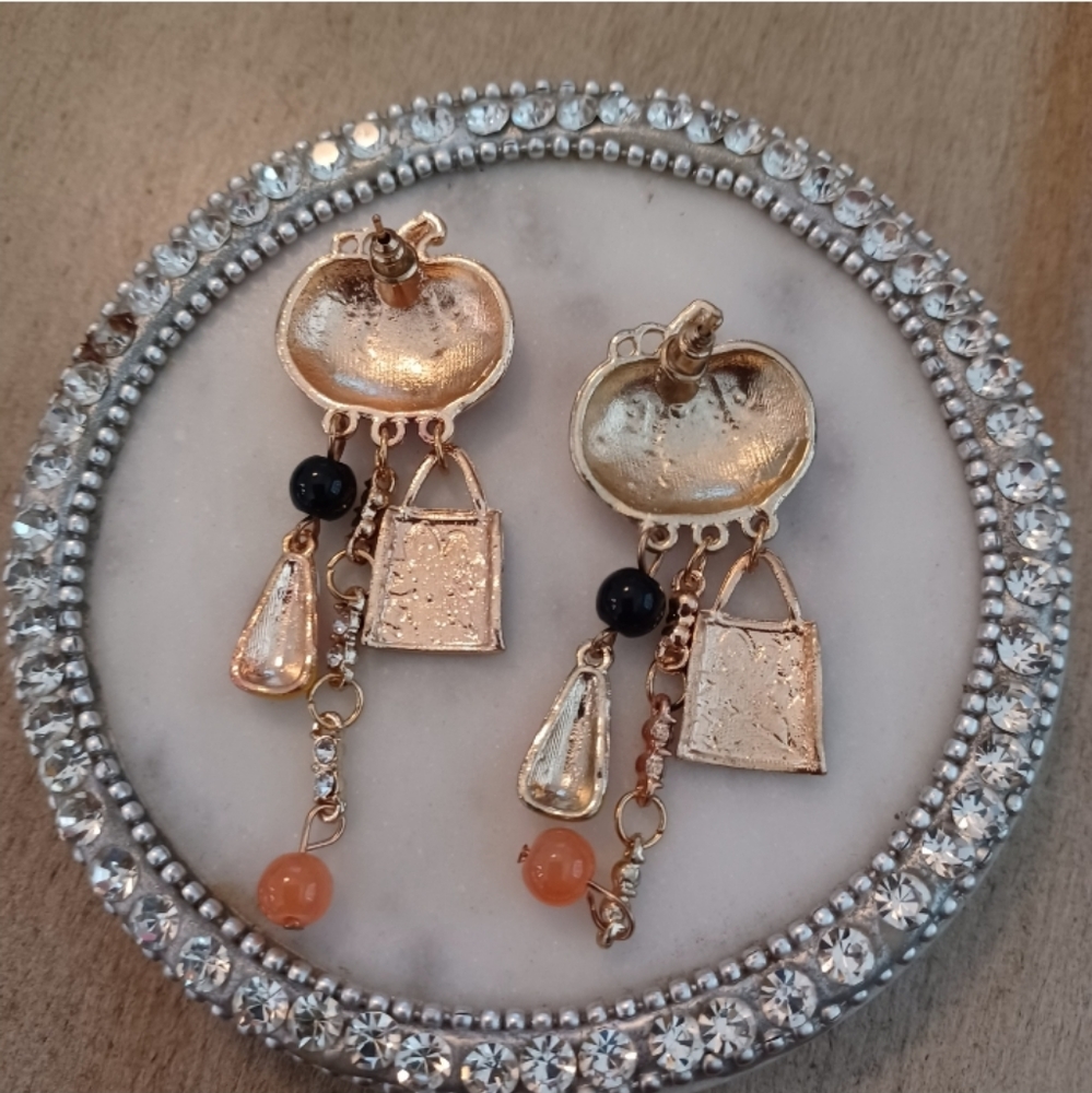 Orange Jack-o-lantern Halloween Candy Rhinestone Dangle Drop Stud Earrings - Picture 2 of 11
